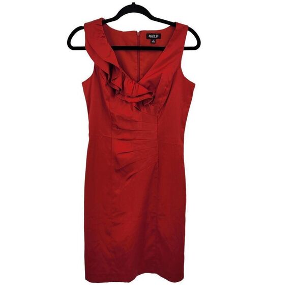 Vintage 80s Allen B Satin Sheath Dress 2 Red Asymmetrical Ruffle Neckline Party - Picture 11 of 11